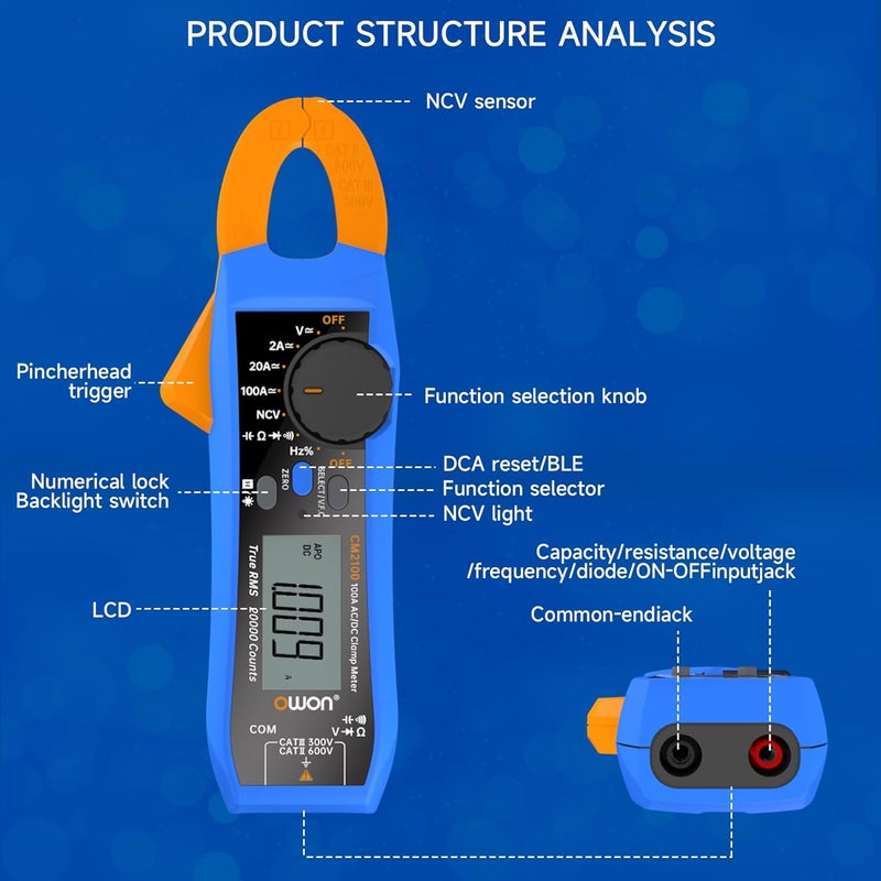 Owon CM2100 Mini Digital Clamp Meter Auto Range 20000 Counts AC/DC Resistance Capacitance Tester Multiple Measurement Functions NCV VFC Diode Overload Protection True RMS Multimeter - Image 3